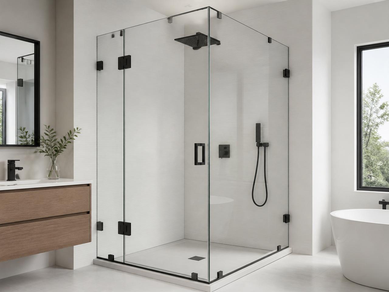 L-shaped frameless 10mm shower glass enclosure with matte black square hardware